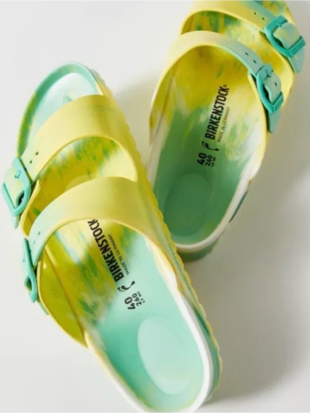 Birkenstock Arizona Eva slides in yellow/green marble swirl, size 38
